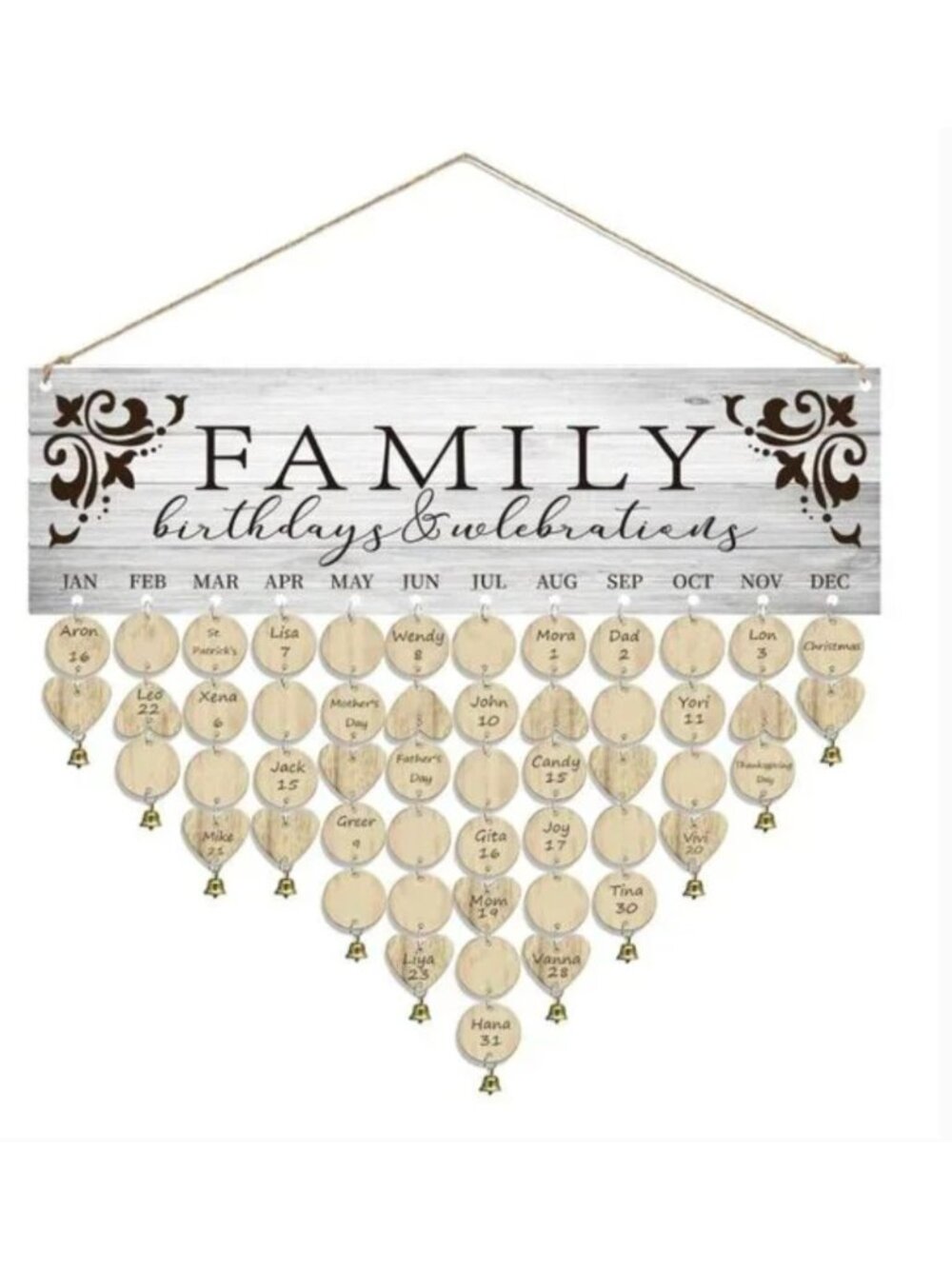 Family Birthday & Celebration Reminder Calendar With Wooden Tags 16.5" x 5" Rust